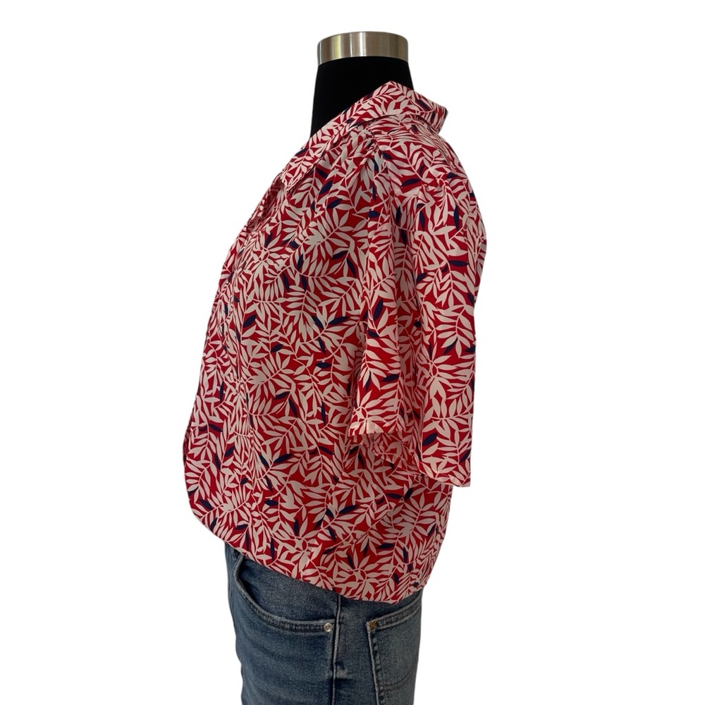 Vintage puffy short sleeve leaf print button up blouse - Picture 3 of 12